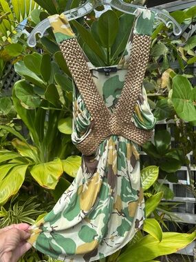 Sky Floral Camo Tank with Braided Back - Green, Yellow, Brown